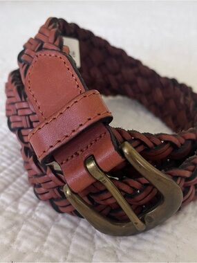 Liz Claiborne Belt Leather Braided Brown Brass Buckle Sz S